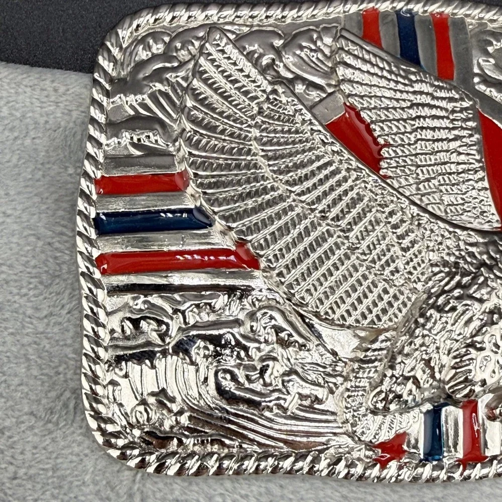 Vintage‎ Buckle Silver Tone Eagle Hawk Enamel Patriotic